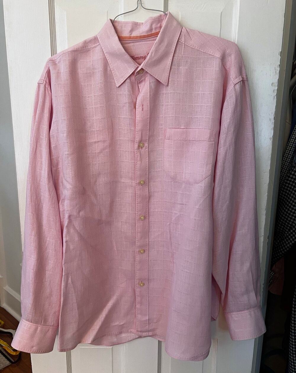 Tommy Bahama Men’s XL Pink 100% Linen Long Sleeve Button Shirt Plaid